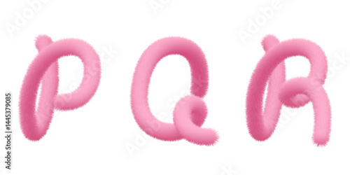 Hairy P, Q, R vector capital script, fuzzy soft plush character. Puffy textured letter, fur ribbon. Pink cat tail, animal hair alphabet. Fluffy font typescript text. Furry pompon 3d typography.
