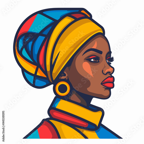 Beautiful African woman with turban on head. Vector illustration.