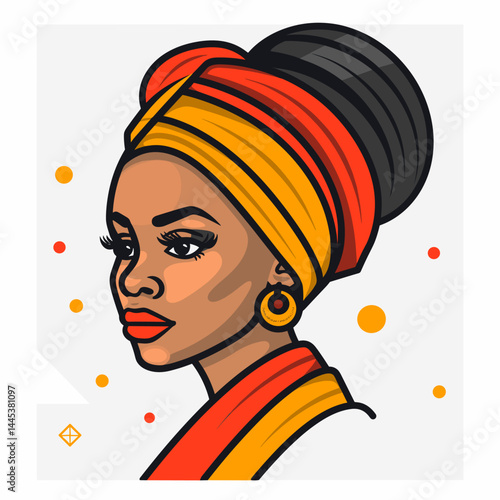 Beautiful African woman with turban on head. Vector illustration.