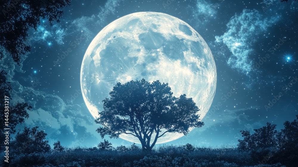 Naklejka premium Majestic tree silhouette against enormous full moon in starry night sky