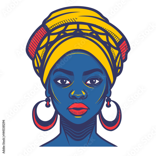 Beautiful African woman with turban on head. Vector illustration.