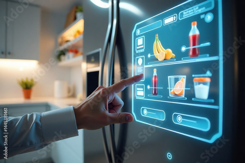 Hand interacting smart refrigerator touchscreen interface displaying food inventory modern kitchen