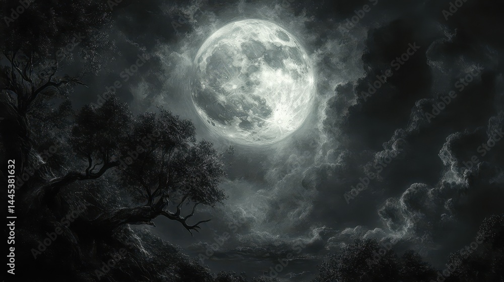 Fototapeta premium Enchanting full moon illuminating clouds in mysterious night sky