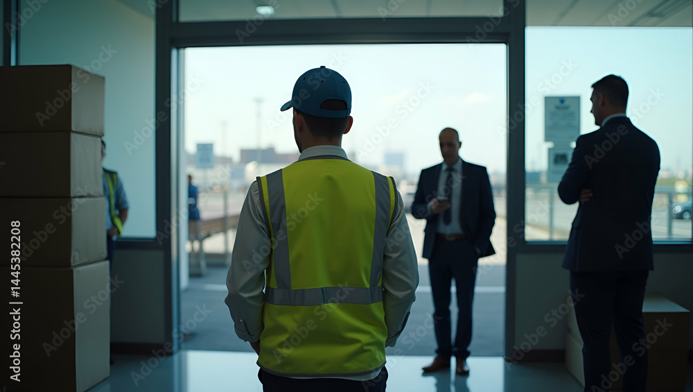 Professional depiction of US import control measures: Customs officers inspecting cargo shipments at border crossing in formal regulatory environment, empty space on left. Professional depiction of US import control measures: Customs officers inspecting cargo shipments at border crossing in formal regulatory environment, empty space on left.
