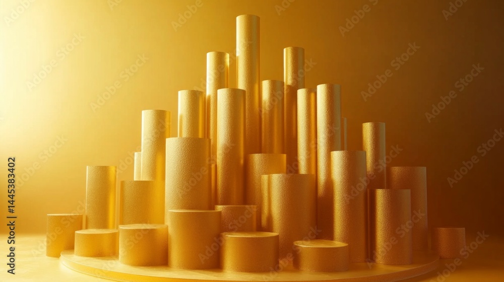 Golden Cityscape: Abstract 3D Rendering of Glittering Gold Cylinders Golden Cityscape: Abstract 3D Rendering of Glittering Gold Cylinders