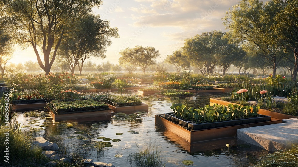 Fototapeta premium Serene garden elevated planters on water, nature's embrace, tranquil escape