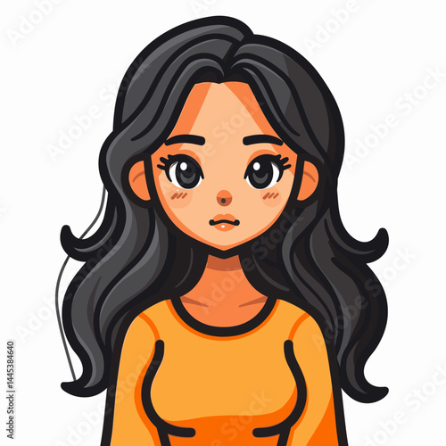 Cartoon vector illustration of a sad girl with long black hair.
