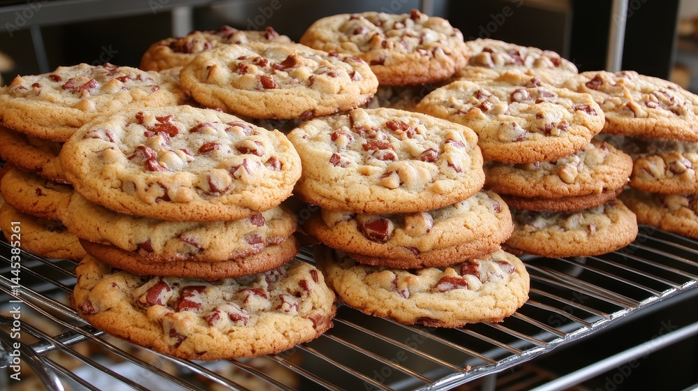 Freshly baked chocolate chip cookies with pecans stacked on cooling rack Freshly baked chocolate chip cookies with pecans stacked on cooling rack