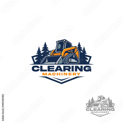 The logo features a bold, stylized hexagonal background framing an illustration of a skid steer and pine trees, blending rugged machinery with natural elements for a strong identity.