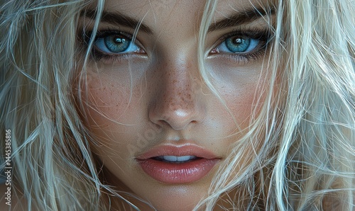 Close-up portrait of a woman with blonde hair and blue eyes.  Freckles are visible on her face.  Her expression is intense and captivating