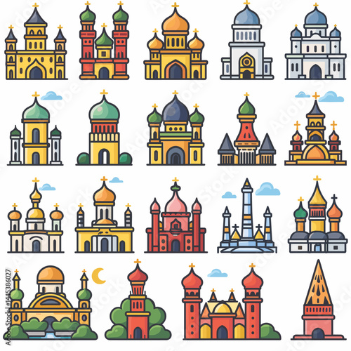 Set of colorful houses and towers of different countries. Vector illustration