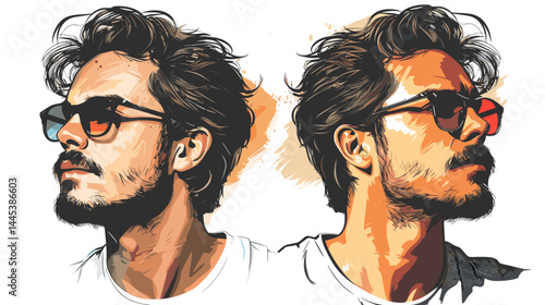 Portrait of a handsome man with a beard and glasses. Vector illustration.