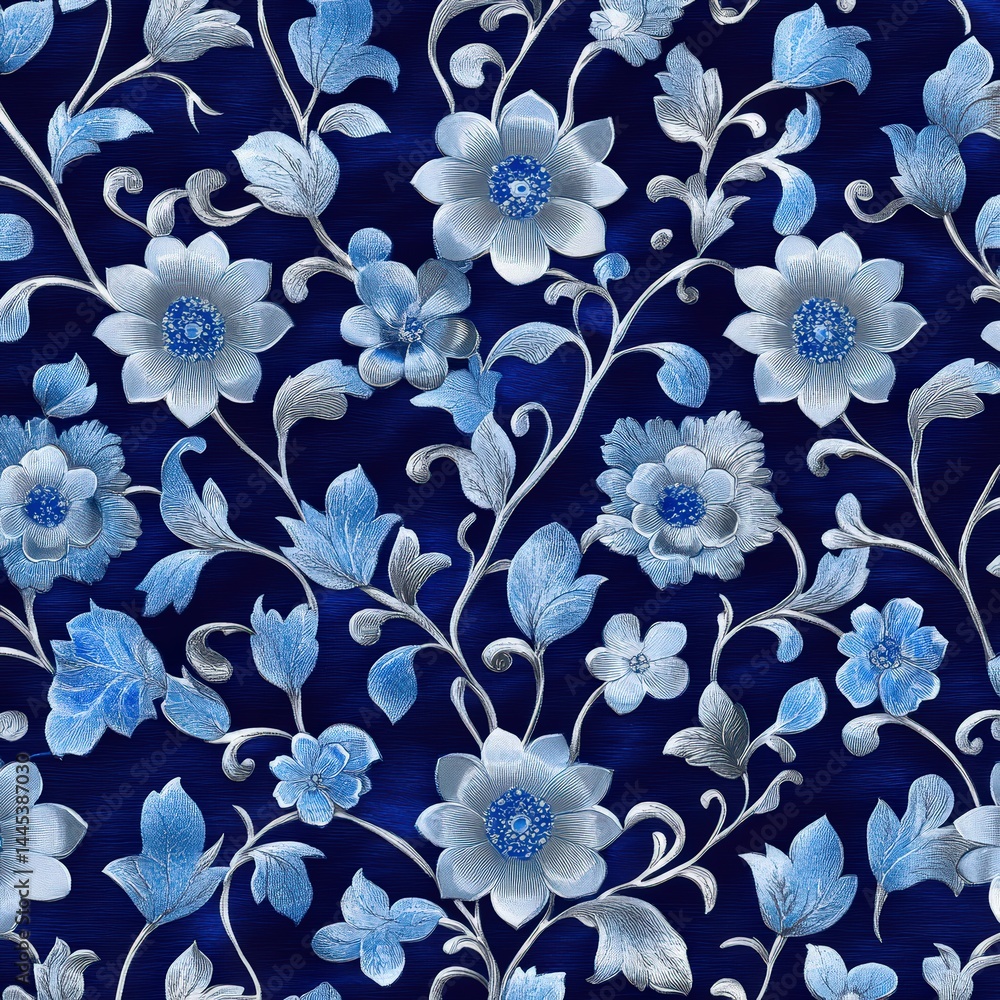 Obraz premium Elegant Blue Floral Pattern on Deep Navy Background for Design Projects