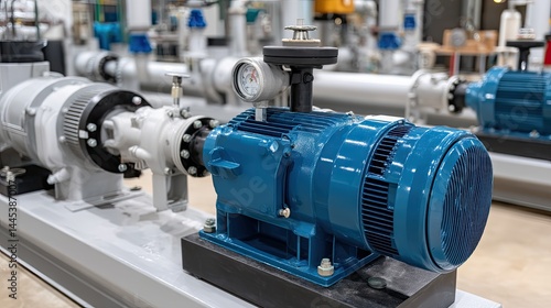 Close-up of a blue water pump and motor at an industrial water treatment facility showcasing essential equipment for water processing