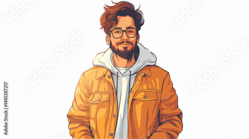 Stylish bearded man in yellow jacket and glasses. Vector illustration.