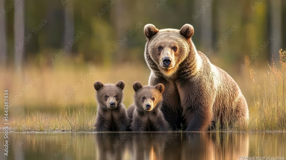 Fototapeta premium Grizzly bear family by tranquil lake at sunrise in forest