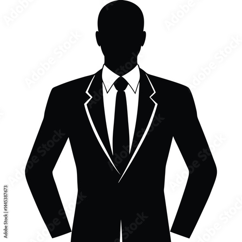 A black silhouette of a businessman wearing a suit and tie, conveying a sense of professionalism and authority. 