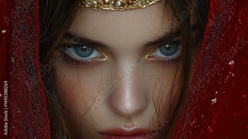 Close-up portrait of a woman with piercing blue eyes, adorned with a golden headpiece and a red veil