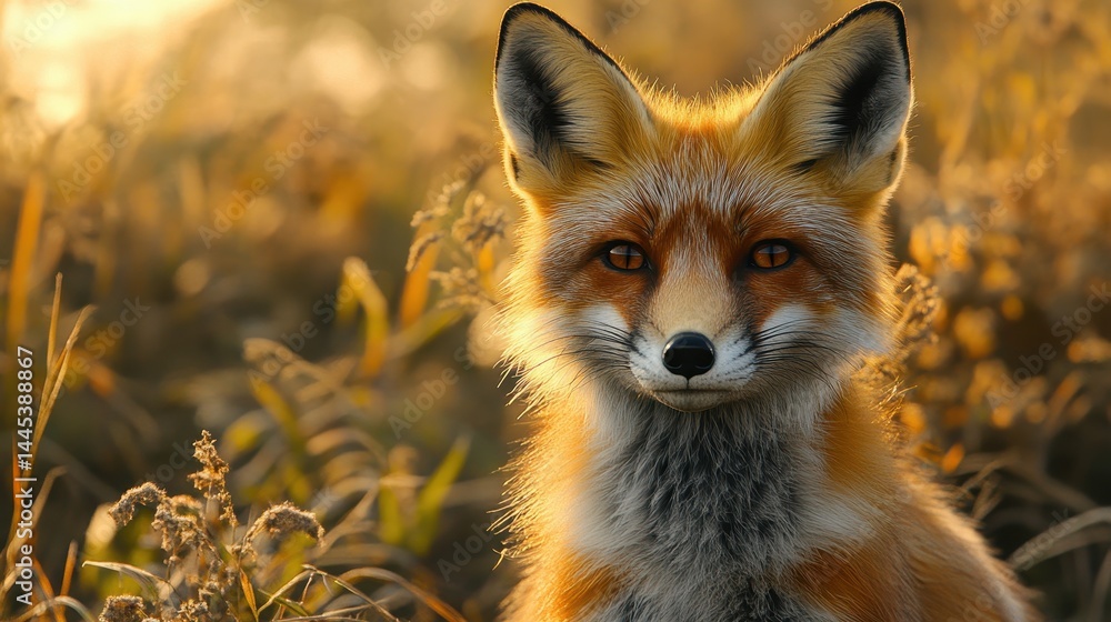 Obraz premium Majestic red fox in sunlit meadow at sunrise