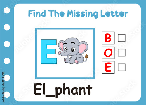 find the missing letter of elephant. cute little elephant  holding d letter