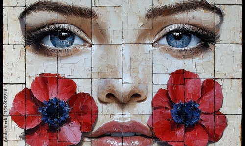 Close-up portrait of a woman's face, adorned with vibrant red poppies on her cheeks. The artwork is painted in a realistic style and features a grid-like texture