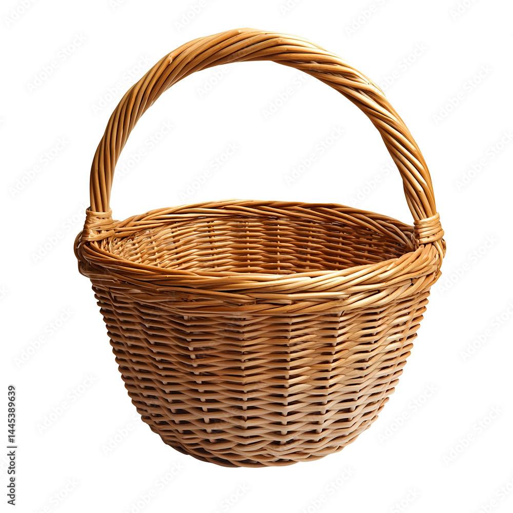 Fototapeta premium A wicker basket with a handle, elegantly, isolated on fully transparent png background