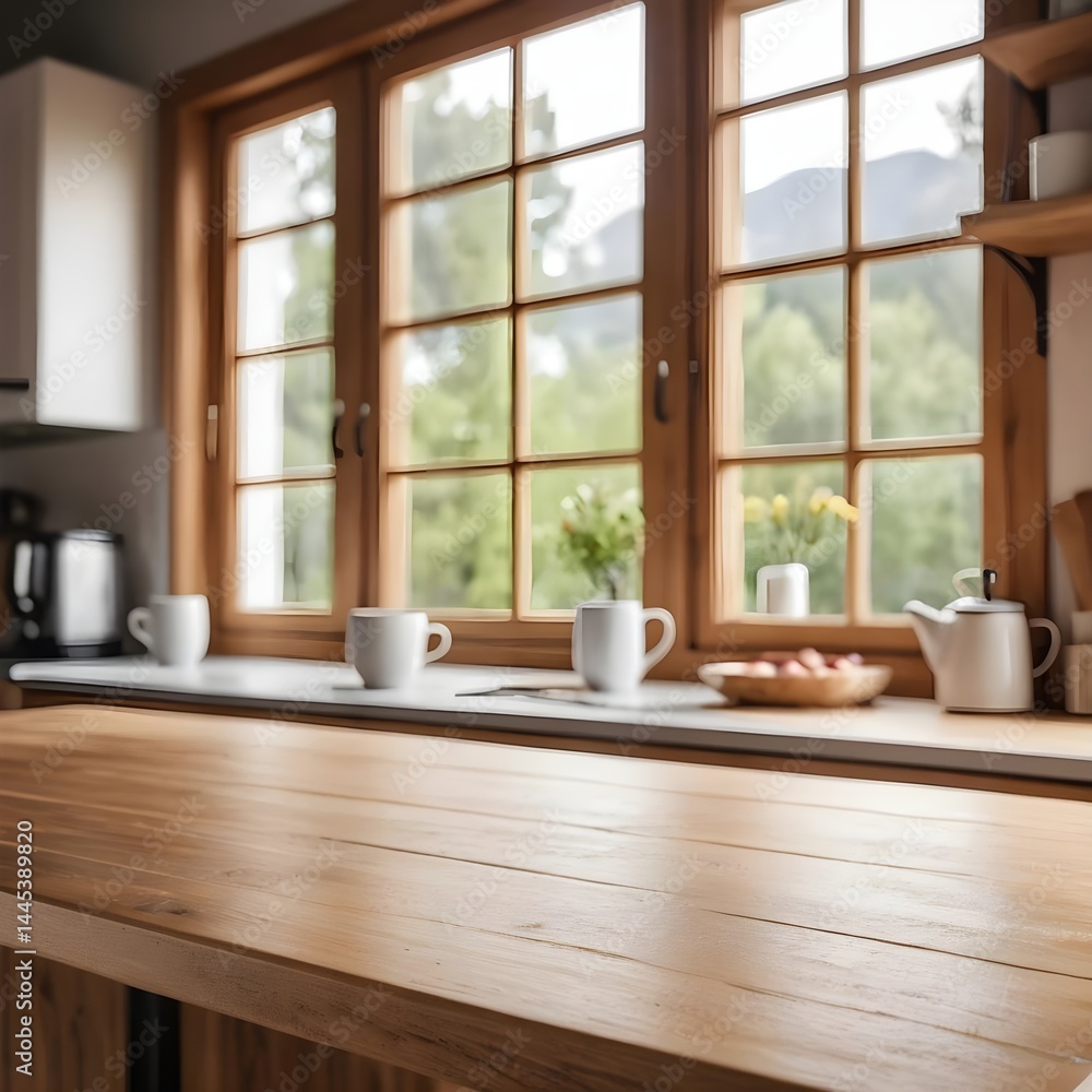 Empty Wooden Tabletop in Rustic Kitchen with Scenic Window View Empty Wooden Tabletop in Rustic Kitchen with Scenic Window View