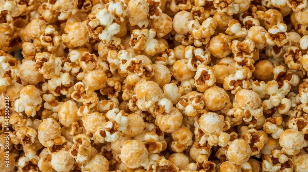 Caramel popcorn in bowl with glossy golden coating and irregular texture Caramel popcorn in bowl with glossy golden coating and irregular texture