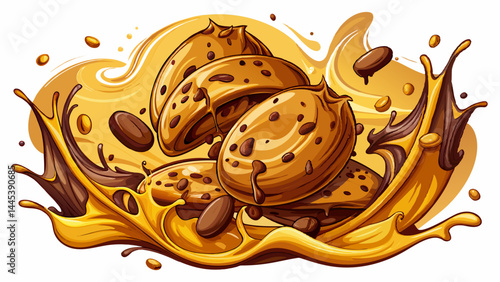 Golden cookies collide with smooth, liquid chocolate.
Crashing waves of cocoa create dynamic movement.
Every splash and drip adds rich texture.
Isolated and irresistible — a feast for the eyes.

