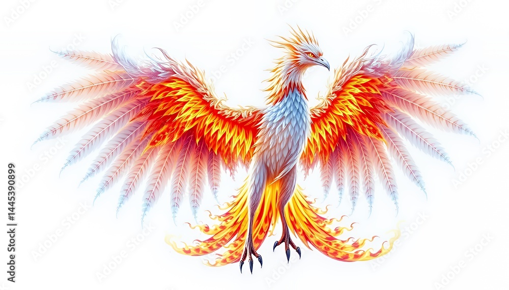 Obraz premium Colorful Phoenix Spreading Wings Clip Art on White Background a Mythical Creature Illustration in Shimmering Shades of White Orange and Red for Fantasy Themed Artwork Isolated