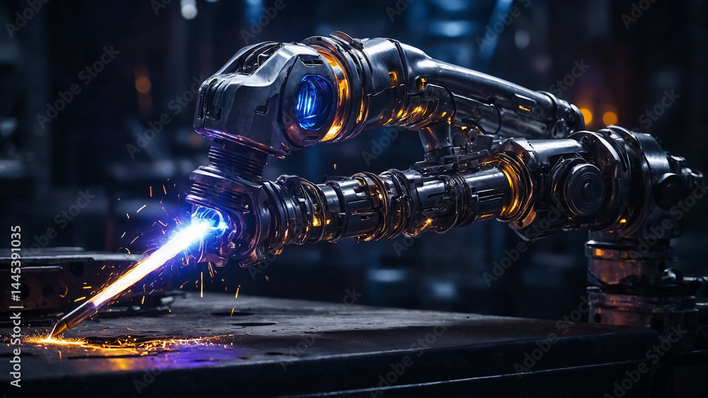 A robot is cutting metal with a laser A robot is cutting metal with a laser