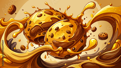 Golden cookies collide with smooth, liquid chocolate.
Crashing waves of cocoa create dynamic movement.
Every splash and drip adds rich texture.
Isolated and irresistible — a feast for the eyes.

