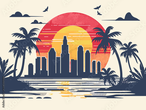 Cityscape with palms and sun. Vector illustration. Eps 10.