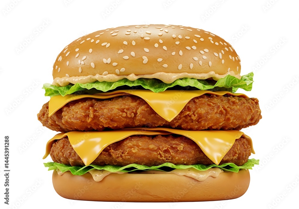 A double chicken burger with cheese and lettuce on a white background A double chicken burger with cheese and lettuce on a white background