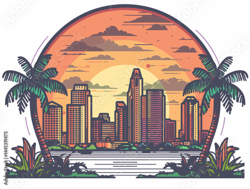 San Diego skyline at sunset with reflection in the water. Vector illustration.