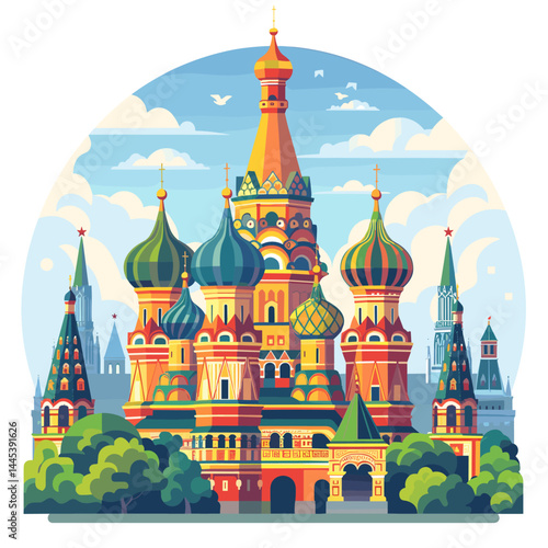 Saint Basil's Cathedral in Moscow, Russia. Colorful flat vector illustration
