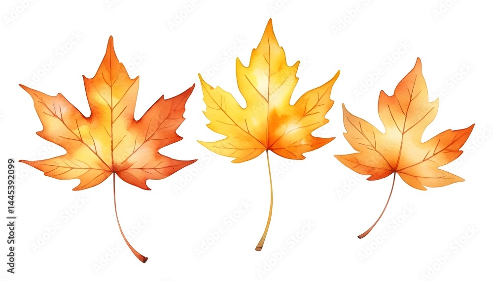Fototapeta premium Three Watercolor Autumn Maple Leaves