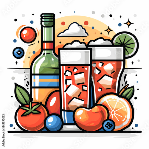 Colorful vector illustration with two glasses of alcoholic drinks and fruits.