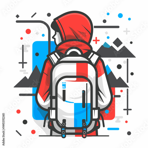 Vector illustration of a backpacker with a red cap and a backpack in a flat style.