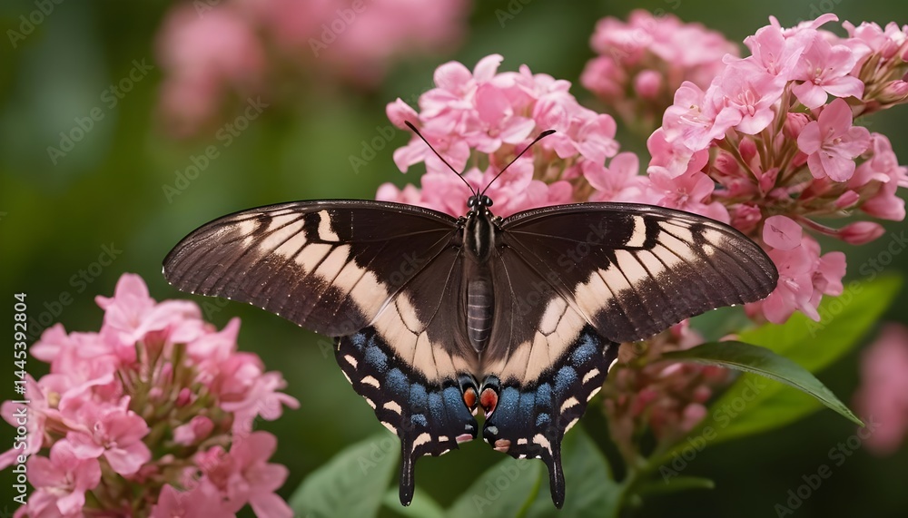 Naklejka premium Eastern Tiger Swallowtail Butterfly on Pink Flowers