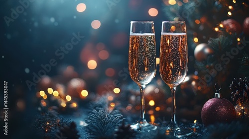 Festive celebration with two champagne glasses amidst sparkling holiday lights