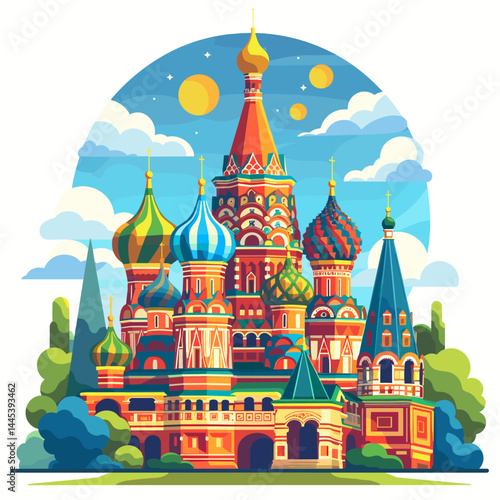 Saint Basil Cathedral in Moscow, Russia. Vector illustration in flat style