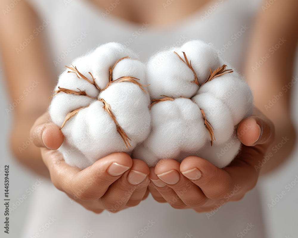 Close-up of Hands Holding Soft White Cotton Bolls Symbolizing Natural Textile and Sustainable Agriculture Close-up of Hands Holding Soft White Cotton Bolls Symbolizing Natural Textile and Sustainable Agriculture