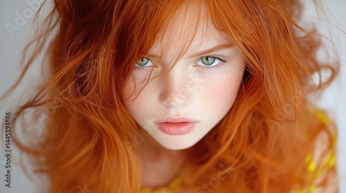 Close-up of a girl with vibrant red hair and green eyes