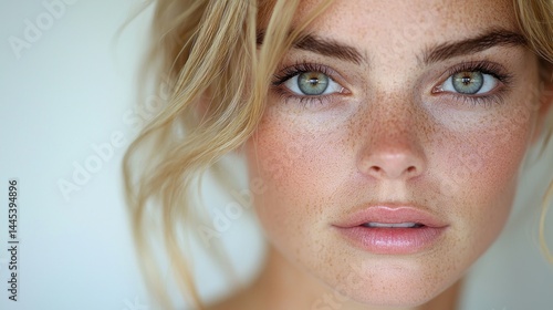 Close-up portrait of a young woman with freckles and light blonde hair, showcasing her striking green eyes and soft features