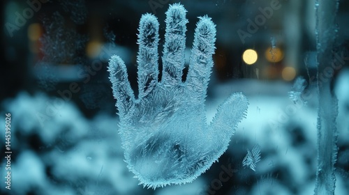 Frosted Handprint on a Window Surrounded by Winter Wonderland Scene