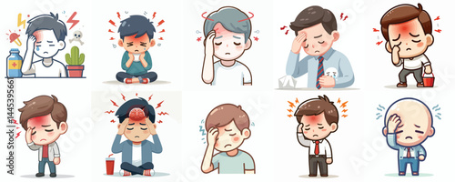 Vector Set: Cute Cartoon Characters with Headache or Fever Symptoms