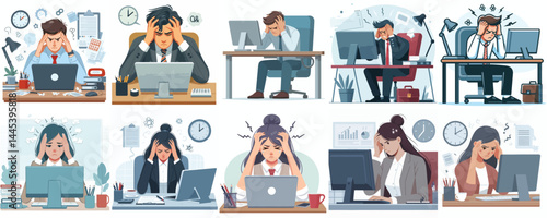 Vector Set: Stressed Office Workers Experiencing Burnout and Deadline Pressure