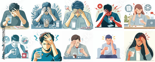 Vector Set: Characters Taking Medication for Headache and Migraine Relief