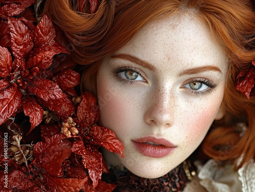 Close-up portrait of a young woman with vibrant red hair and freckles, surrounded by dark red flowers